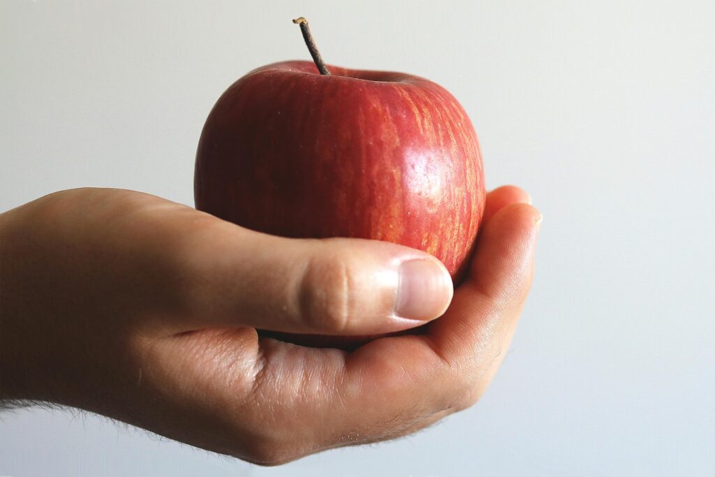 Close-up image of a hand holding a ripe red apple, emphasizing freshness and healthy eating.
