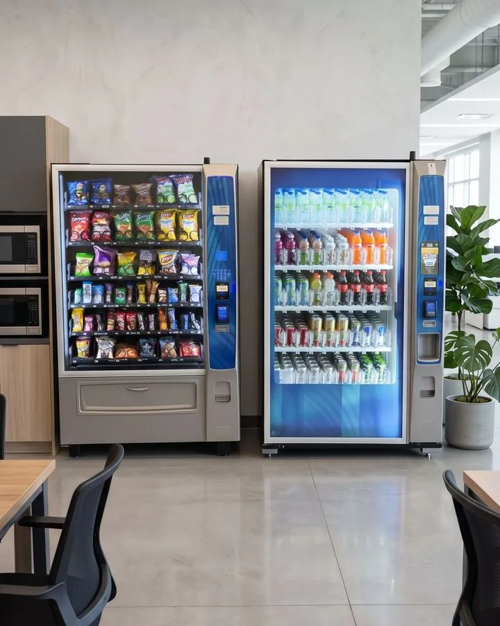 A stocked snack machine and a refrigerated drink machine side by side in a staff breakroom