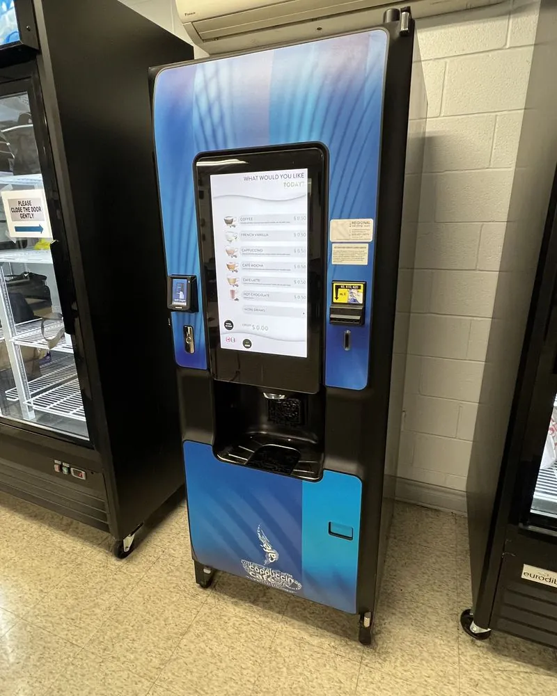 A self-serve touchscreen beverage vending machine