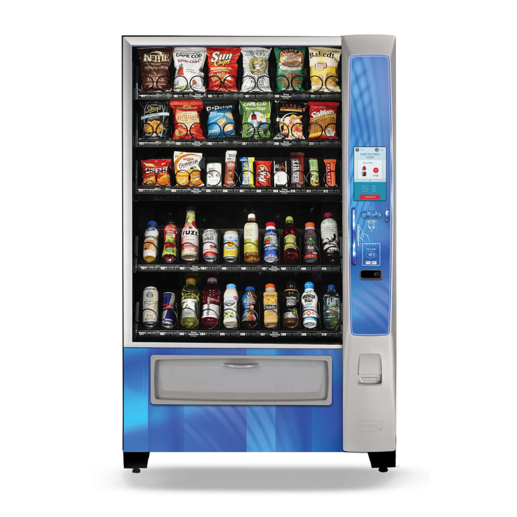 Crane merchandising vending machine combo. Highlighting items securely behind glass for zero theft.